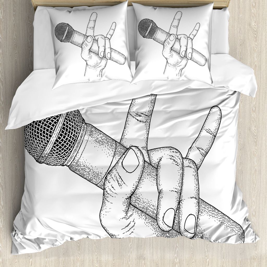 ABAKUHAUS Popstar-Party Bettbezug, Rock High Sign, Milbensicher Allergiker geeignet mit Kissenbezügen, 200 cm x 200 cm - 80 x 80 cm, Schwarz und w...