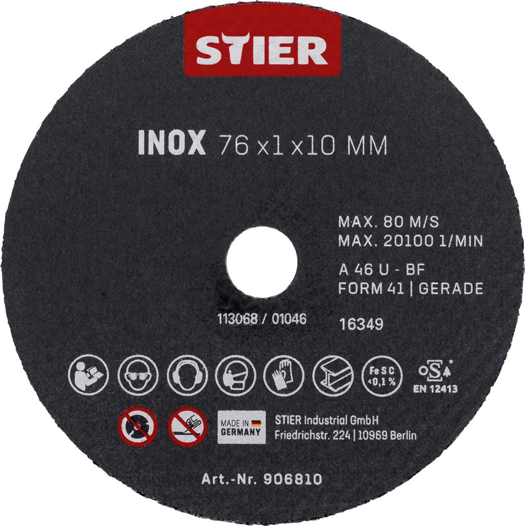 STIER Trennscheibe Edelstahl/Inox 76 x 1 x 10 gerade 10 Stk Produktbild 