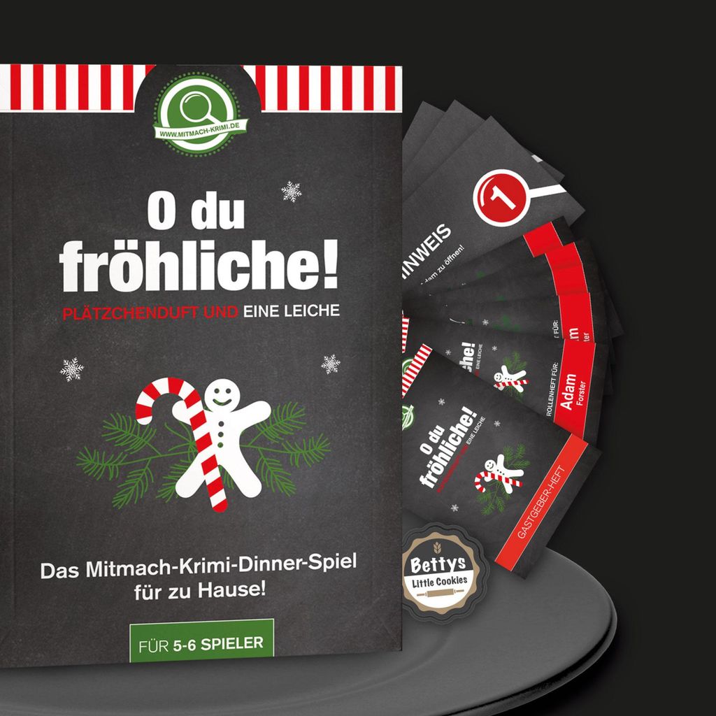 A product image for a Christmas-themed murder mystery dinner game, showing the game box and several cards fanned out.