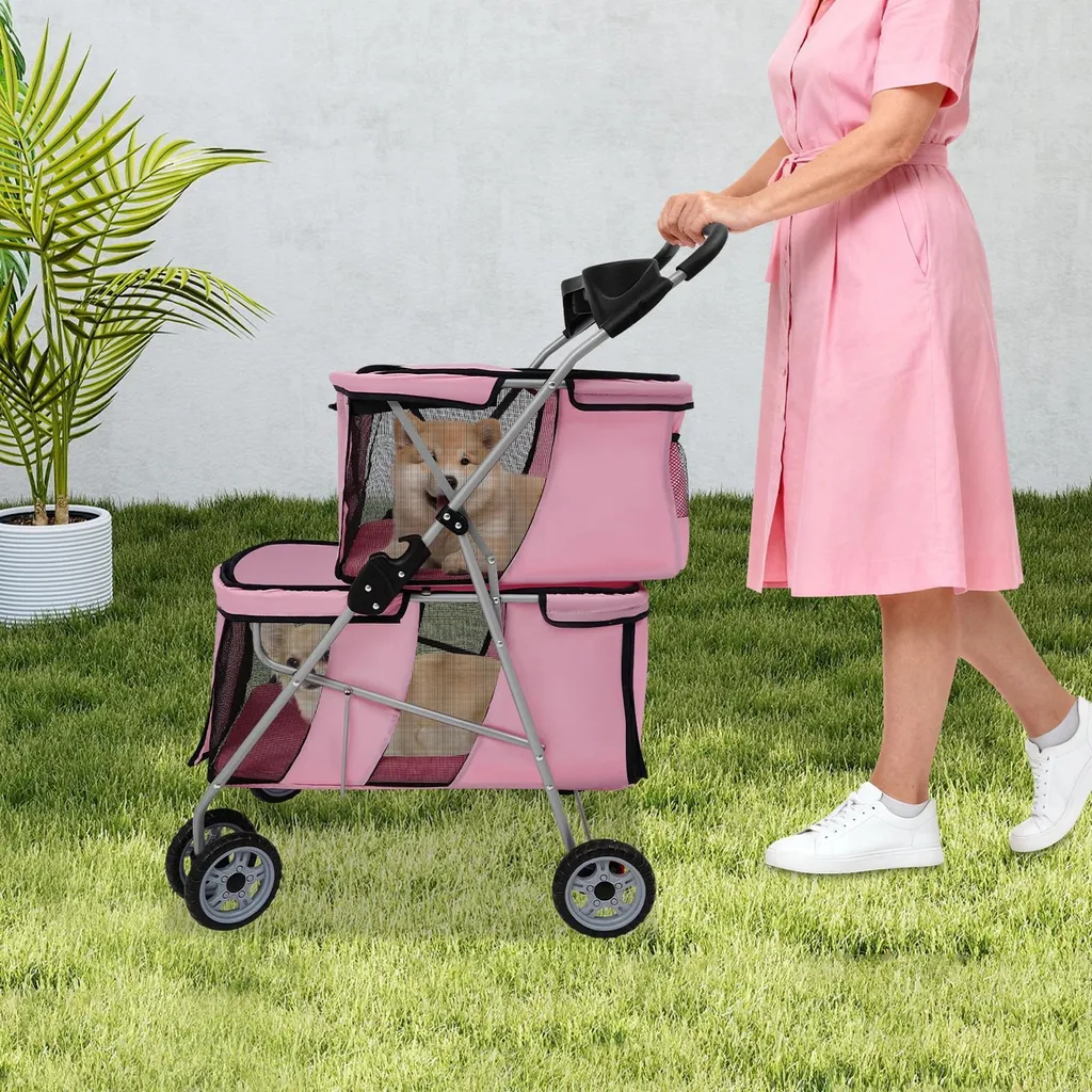 Poussette Double pour Chien et Chat Rose - Pliable et Robuste 20kg Max