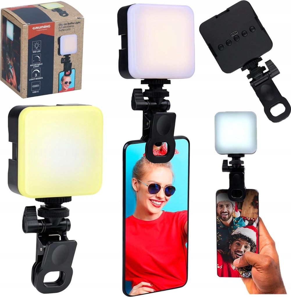 Grundig Clip‐on Selfie Lampe – 100 LED – 3 Lichtmodi – USB‐C Stromversorgung – Verstellbarer Clip – Kompaktes Design