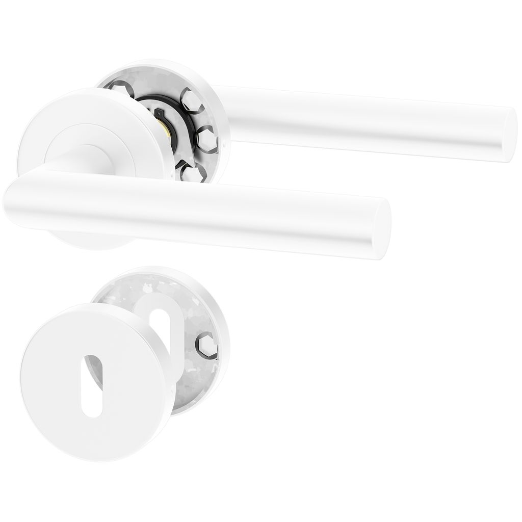 A white door handle set with a round rosette and a keyhole escutcheon.