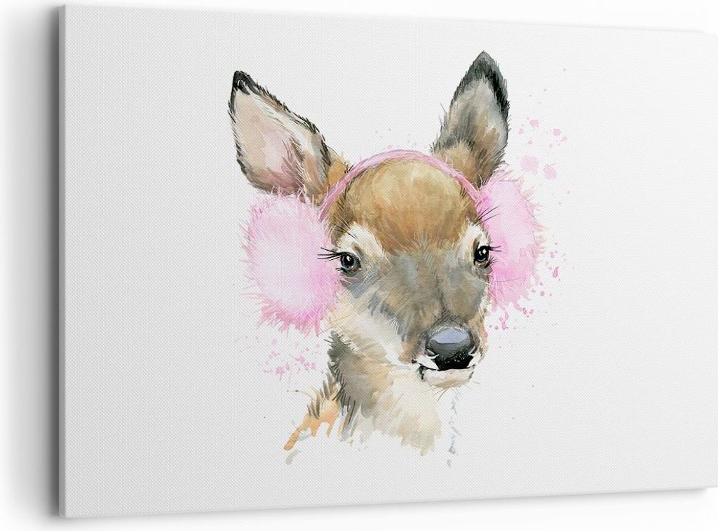 Bild auf Leinwand - Leinwandbild - Hirsch Ohrenschützer Bunt Winter - 100x70cm - Wand Bild - Wanddeko - Leinwanddruck - Bilder - Kunstdruck - Lein...