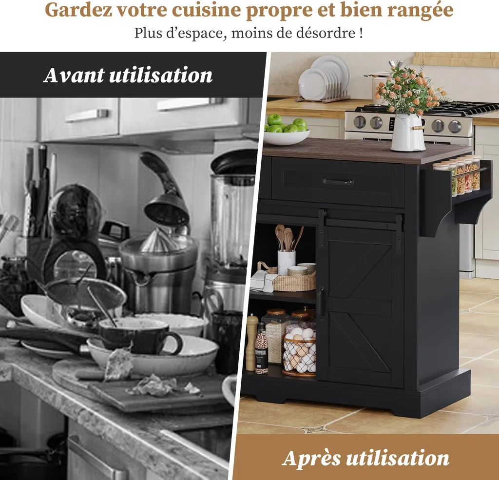 Desserte de Cuisine Mobile Noire, Buffet avec Plan de Travail Extensible