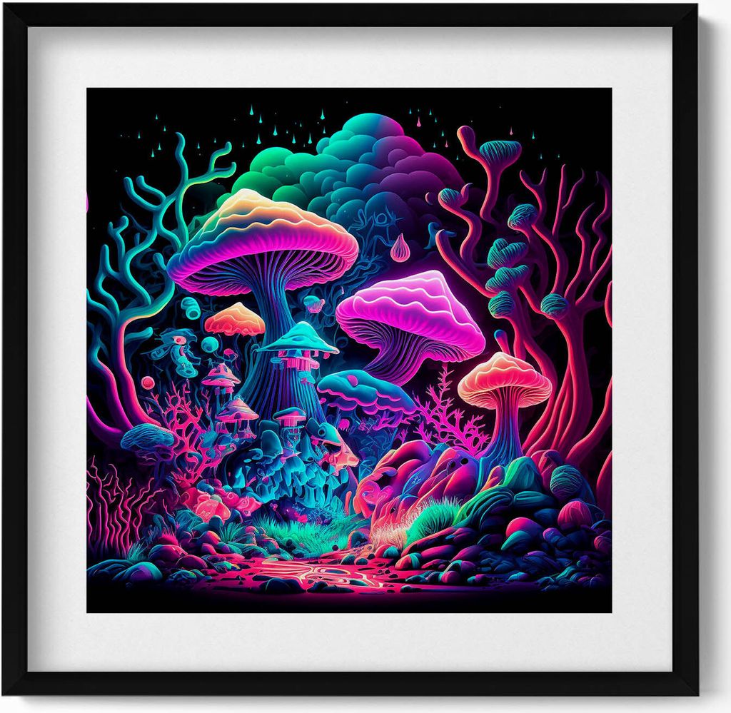 Neon-Pilze– Wandbild mit Rahmen – Gerahmtes Bild – Wanddekoration – 50x50 cm – Schwarz Rahmen