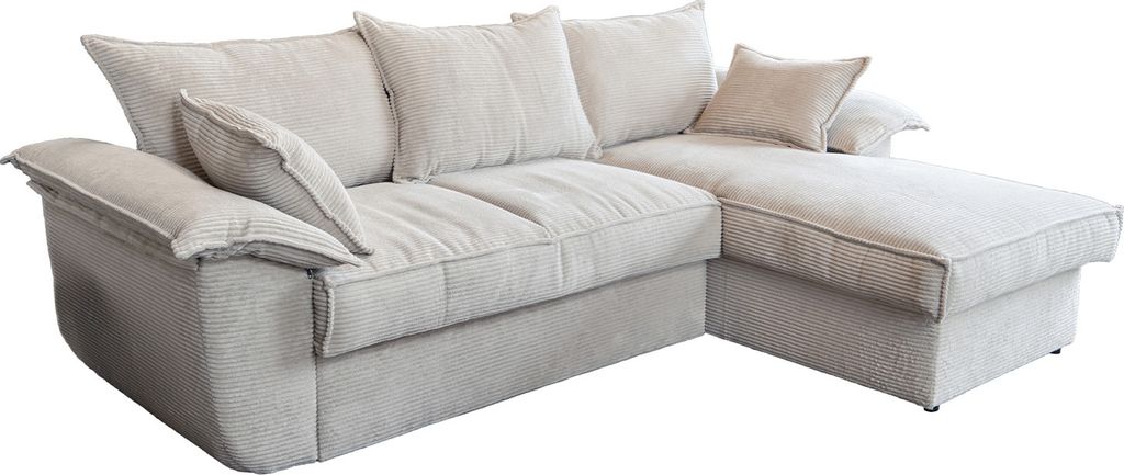 KAWOLA Sofa DAMETO Ecksofa Bettsofa Schlafsofa mit Stauraum Cord weiß Recamiere rechts
