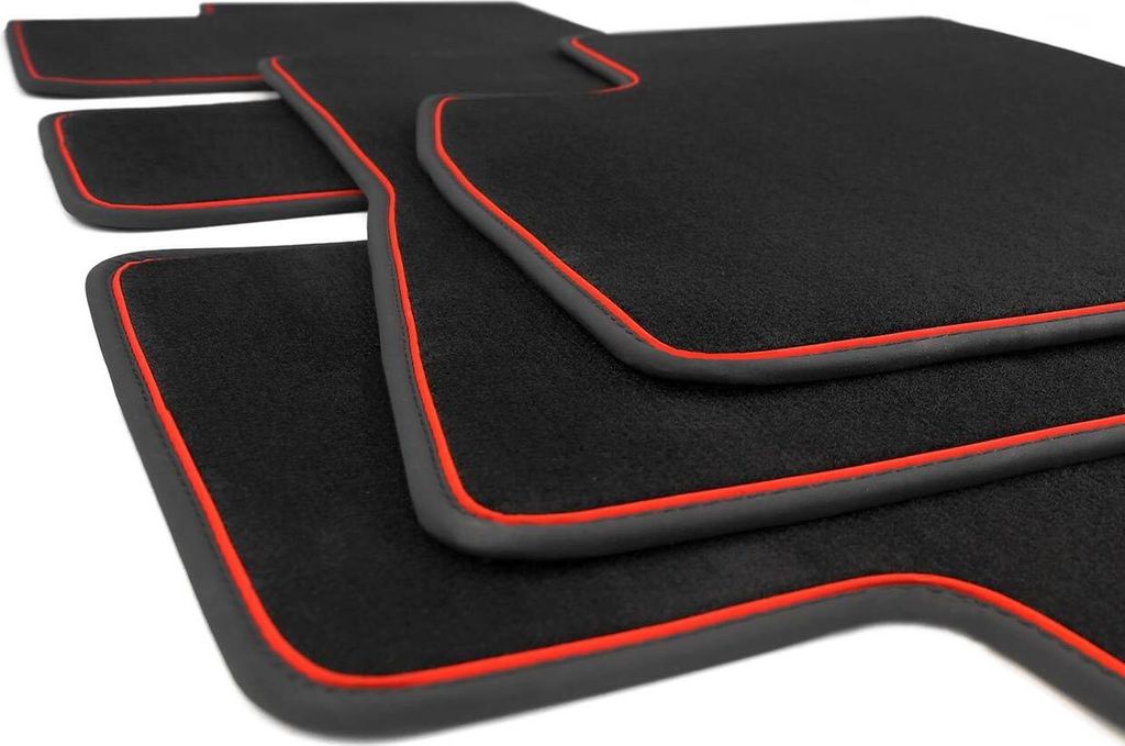 Fußmatten Tesla Model 3 Premium Automatten Zubehör Tuning Sport, (Zierband Rot) Autoteppich Velours schwarz
