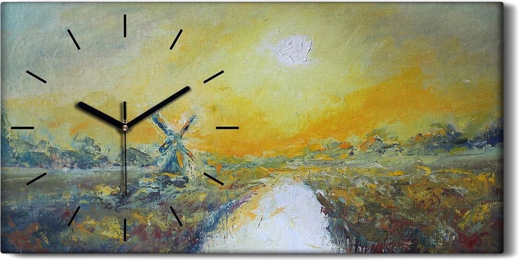 Küche Wohnzimmer Wand Leinwand Uhr Kunstdruck 60x30 Gemälde Landschaft Mühle - schwarze Hände