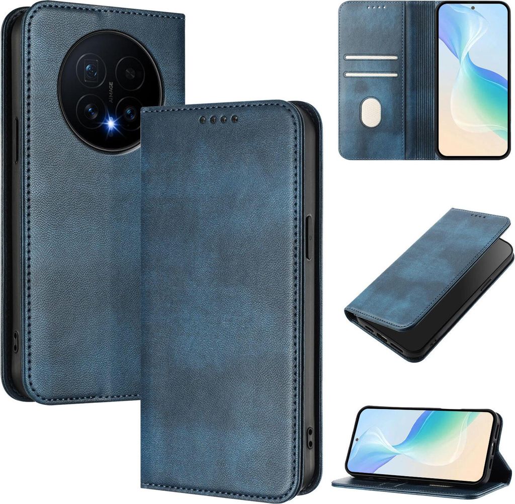 Handyhülle für Honor Magic8, Vintage Leder RFID Schutz Kartenfach Standfunktion Magnetische Klapphülle Blau