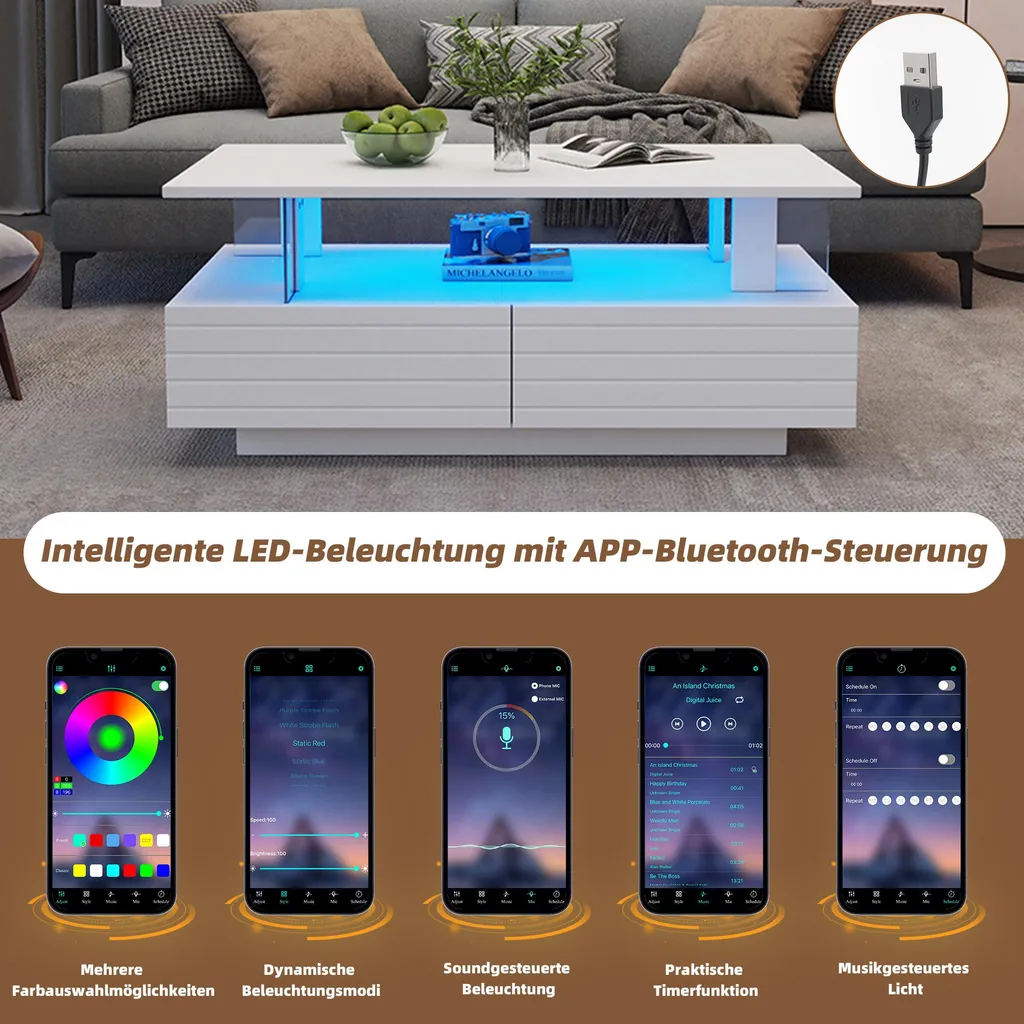 Table Basse de Salon Moderne avec LED Connectées et Double Rangement - 8