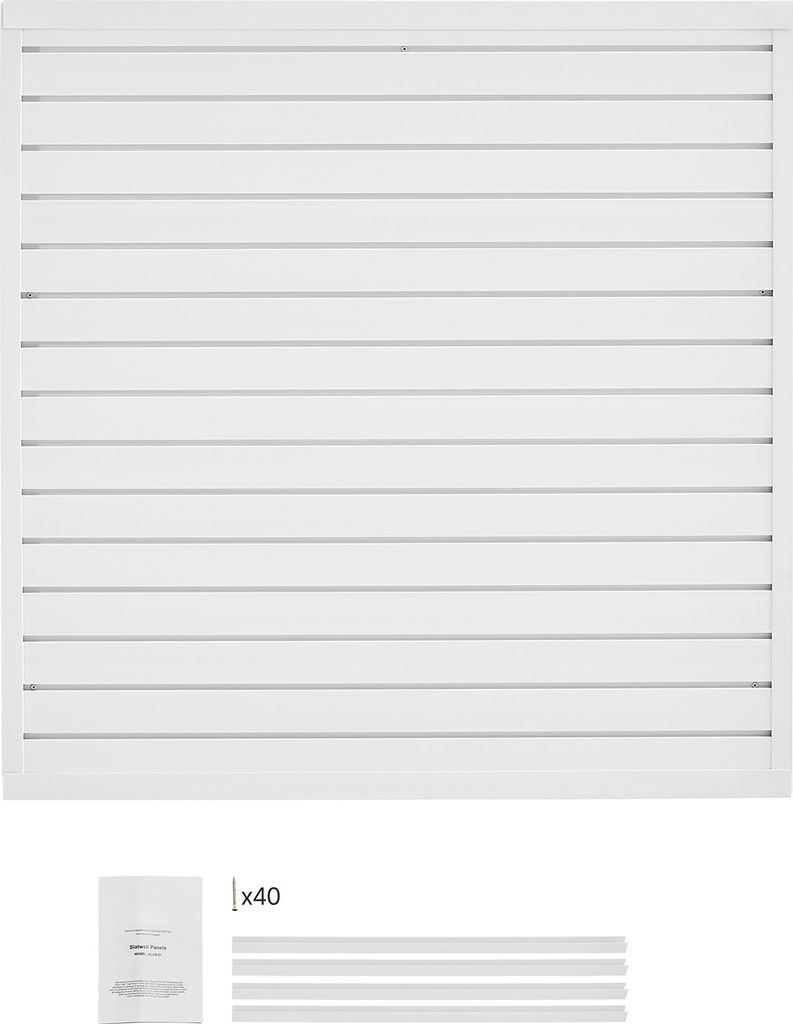 A white slatted wall panel with a small package and several white strips below it.