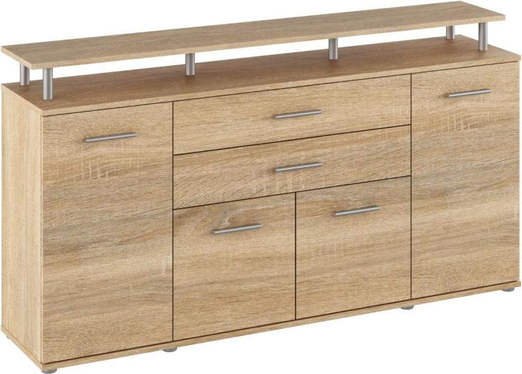 A light brown wooden sideboard with four doors and drawers, topped with a shelf supported by metal posts.