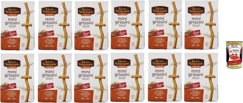 Le veneziane, mini grissini con sesamo e chia senza glutine, gluten free breadstick, glutenfreie Mini-Grissini mit Sesam und Chia, 12x 250g + Itali...