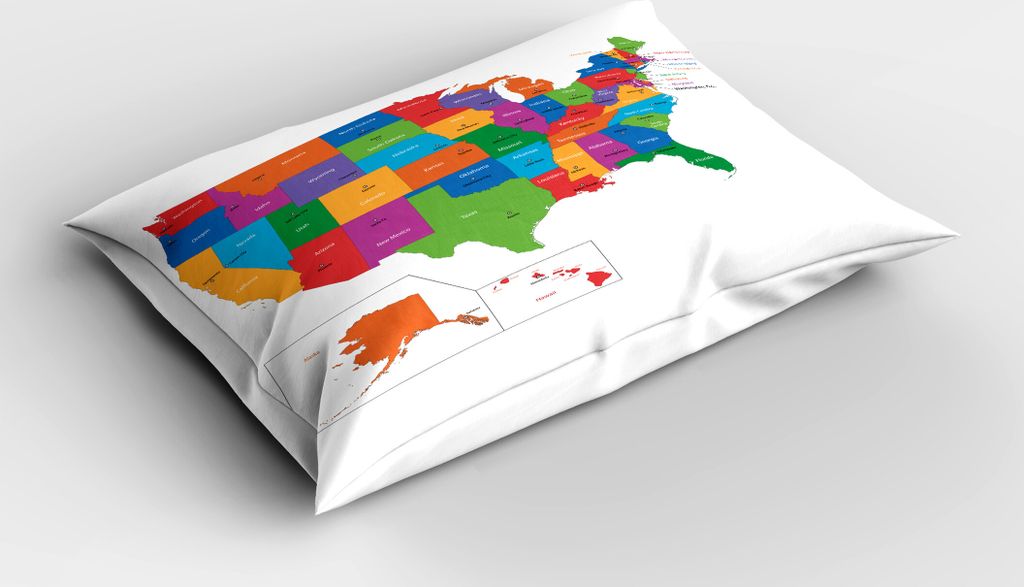 ABAKUHAUS Fernweh Kopfkissenbezug, Bunte Usa Karte mit Staaten und Hauptstadt Washington Florida Indiana Druck, 40x80 cm, Mehrfarbig