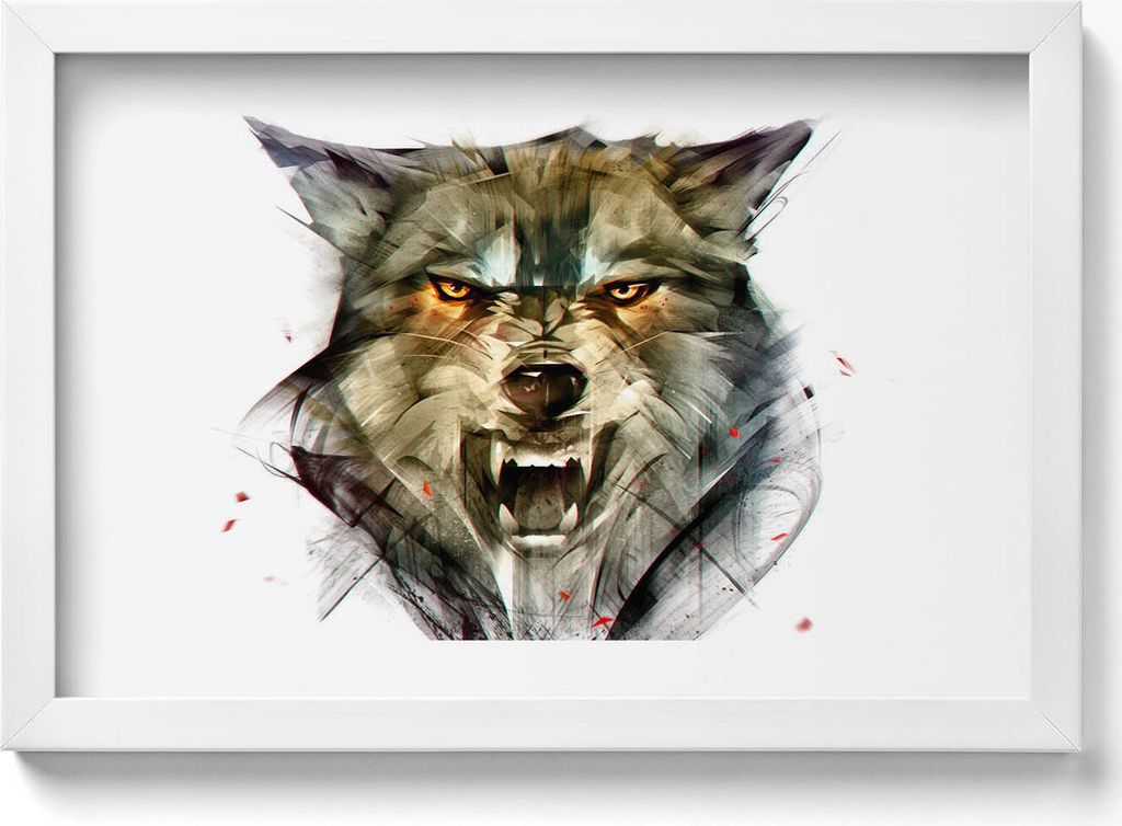 Gezeichnetes Porträt eines Wolfs– Wandbild mit Rahmen – Gerahmtes Bild – Wanddekoration – 30x20 cm – Weiß Rahmen