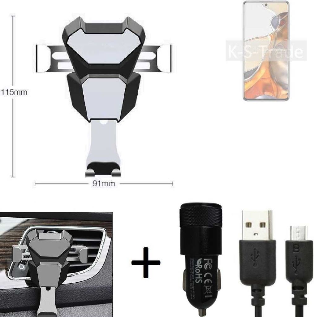 K-S-Trade KFZ Halterung kompatibel mit Xiaomi 11T Halterung Lüftungshalterung Lüftungsschlitz schwarz-silber Autohalterung Handy inkl. KFZ