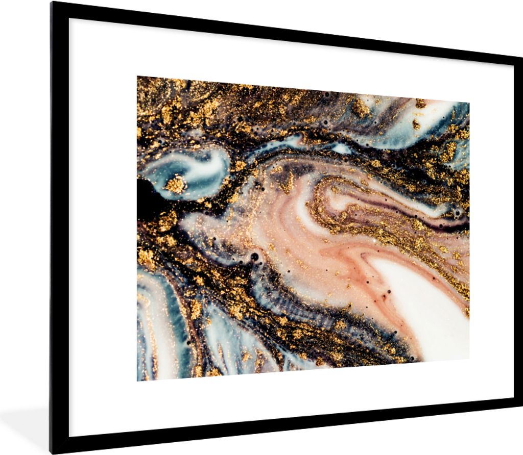 MuchoWow Gerahmtes Poster Marmoroptik - Gold - Schwarz - Glitzer - Chic 80x60 cm - Poster mit Schwarzem Bilderrahmen Wandposter Rahmen Foto Bilde...