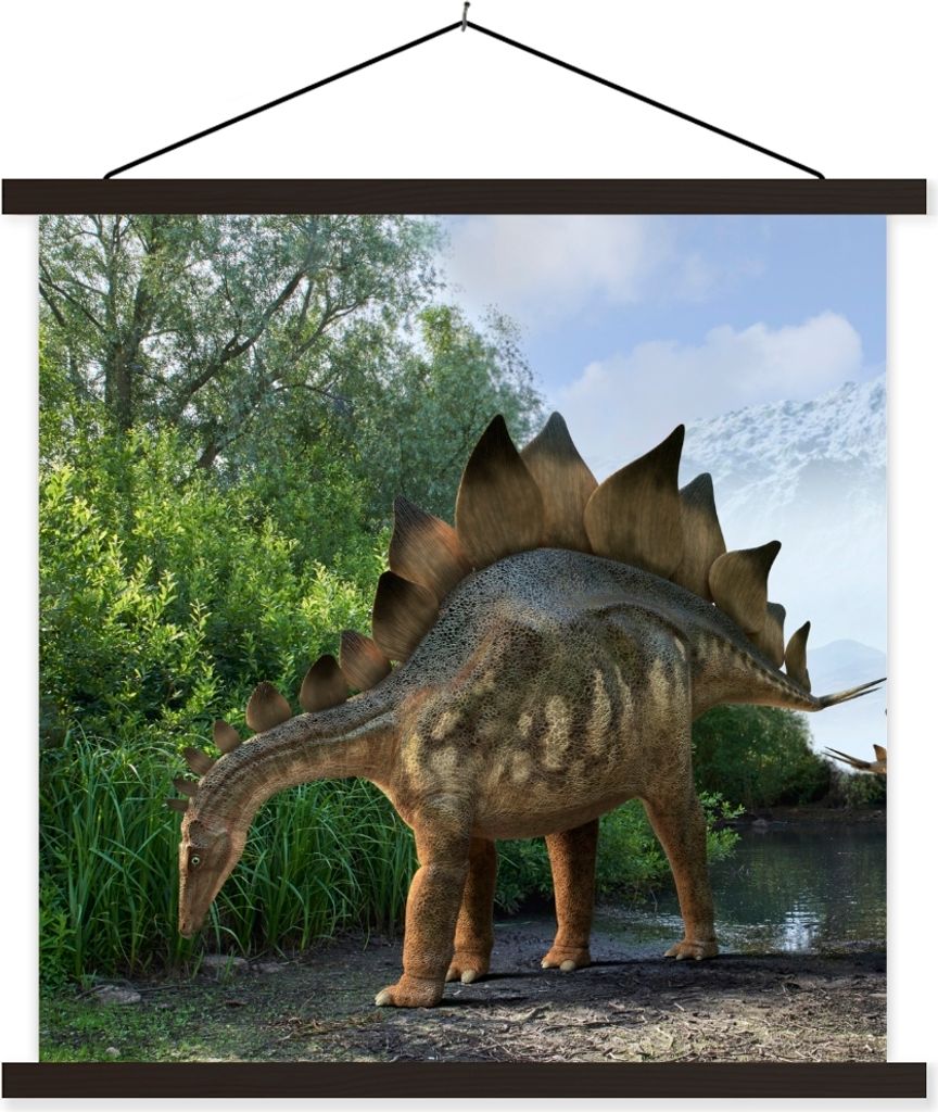 MuchoWow Textilposter Dinosaurier - Berg - Wald - Illustration - Jungen - Kinder - Kleiner Junge 90x90 cm mit schwarzem Rahmen - Magnetisches