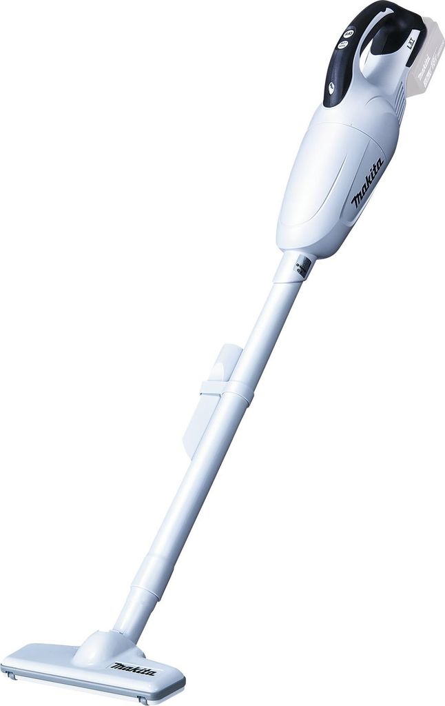 A white cordless vacuum cleaner with a long wand and floor head, shown against a white background.