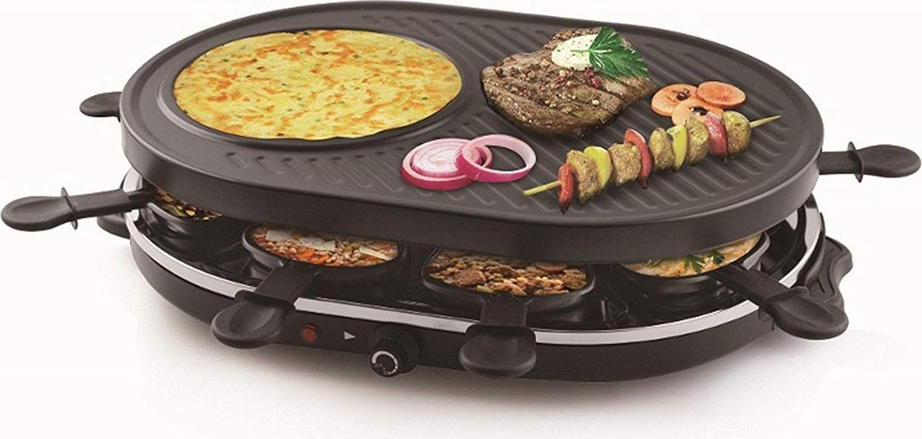 A raclette grill with food on it, set against a white background.