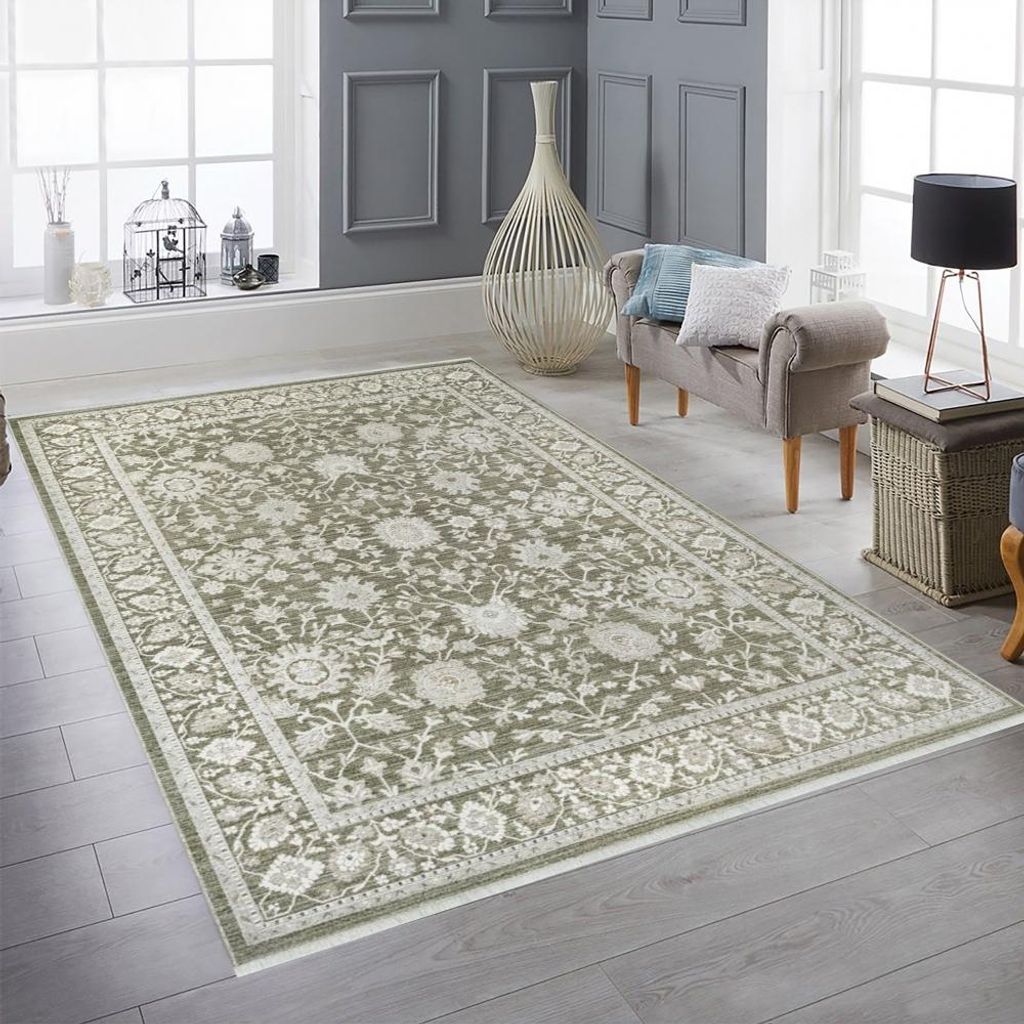 Teppich Grün Beige Vintage floral elegant weich Wohnzimmer stilvoll Größe - 160 x 230 cm