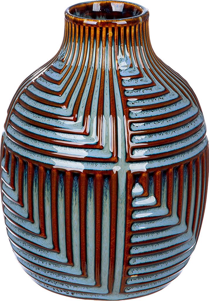 Gilde Vase, bauchig, "Batista", gestreift, Keramik, blau, braun, VE 2, H. 20 cm, D. 15 cm Höhe: 20.00 cm Durchmesser: 15.00 cm 32562