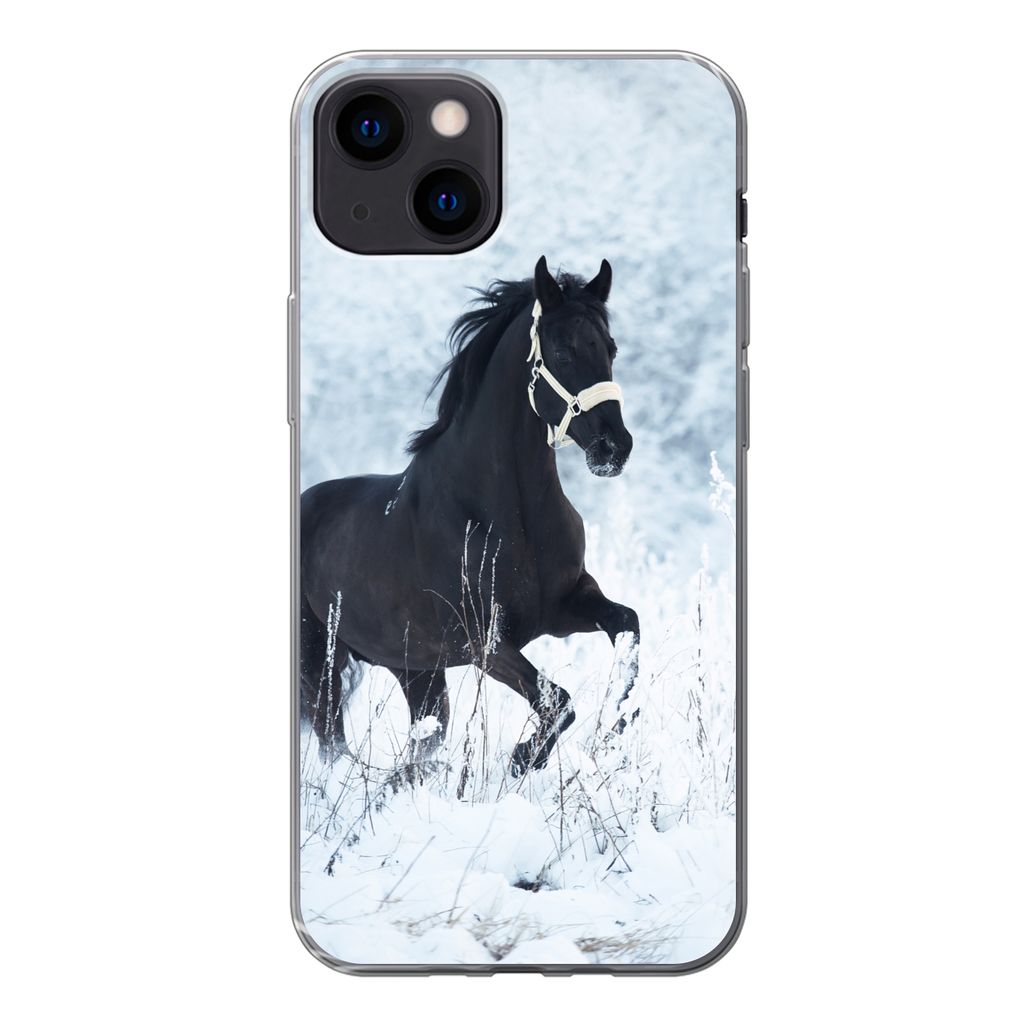 MuchoWow Handyhülle Schutzhülle Hülle für iPhone 13 Pferd - Schnee - Winter Silikon Softcase Handy Hülle - Karteninhaber