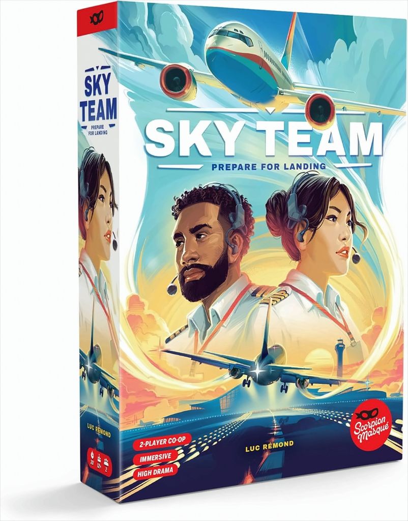 The image shows the front and side of a board game box for "Sky Team - Prepare for Landing". It features artwork of pilots, an airplane, and a runway.