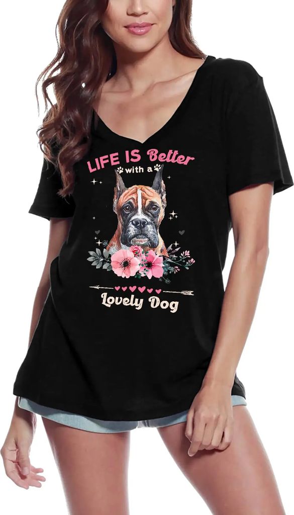 Damen Grafik T-Shirt V-Ausschnitt Boxer Leben ist besser mit einem lieben Hund – Boxer Life Is Better With A Lovely Dog – Öko-Verantwortlich V...