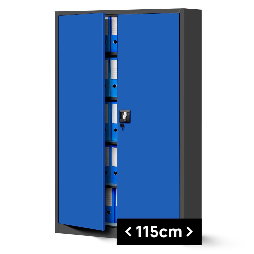 A blue metal filing cabinet with open doors, revealing folders on shelves.