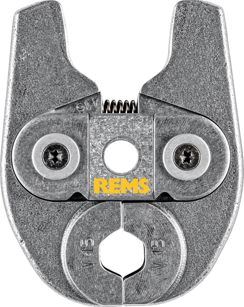 A close-up, top-down view of a metal pipe crimping tool.