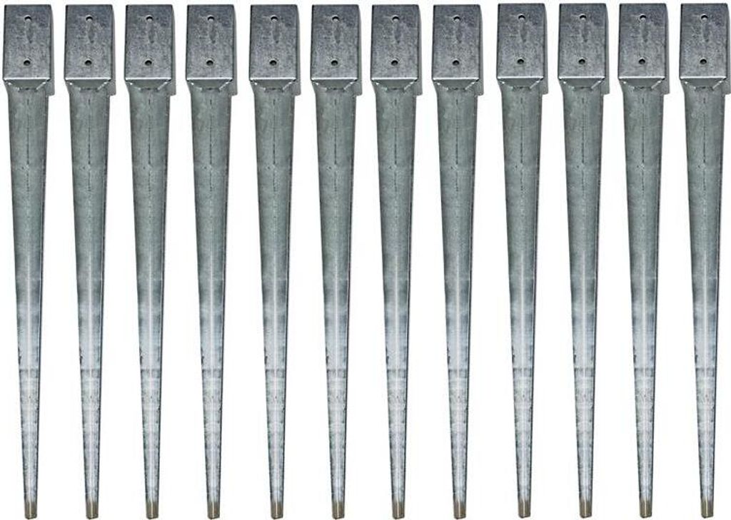 A row of metal ground anchors against a white background.