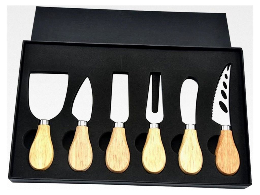 Käsemesser-Set, 6 Teile, Edelstahl, Käsehobel, Käseschneider, mit Geschenkbox (Eichenholzgriff)