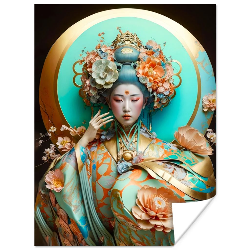 MuchoWow Poster Frau - Kimono - Blumen - Gold - Porträt 30x40 cm - Wandplakat - Poster Kinderzimmer