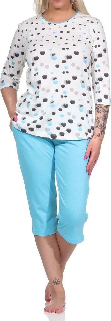 Damen kurzarm Capri Schlafanzug Pyjama in Tupfen-Punkte Optik - auch in Übergrössen ; blau , 36