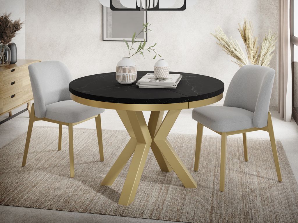 Runder Ausziehbarer Esstisch im Loft-Stil - Industrieller Tisch in Schwarzer Marmoroptik mit Goldenen Metallbeinen - Platzsparender Tisch für Wohn...