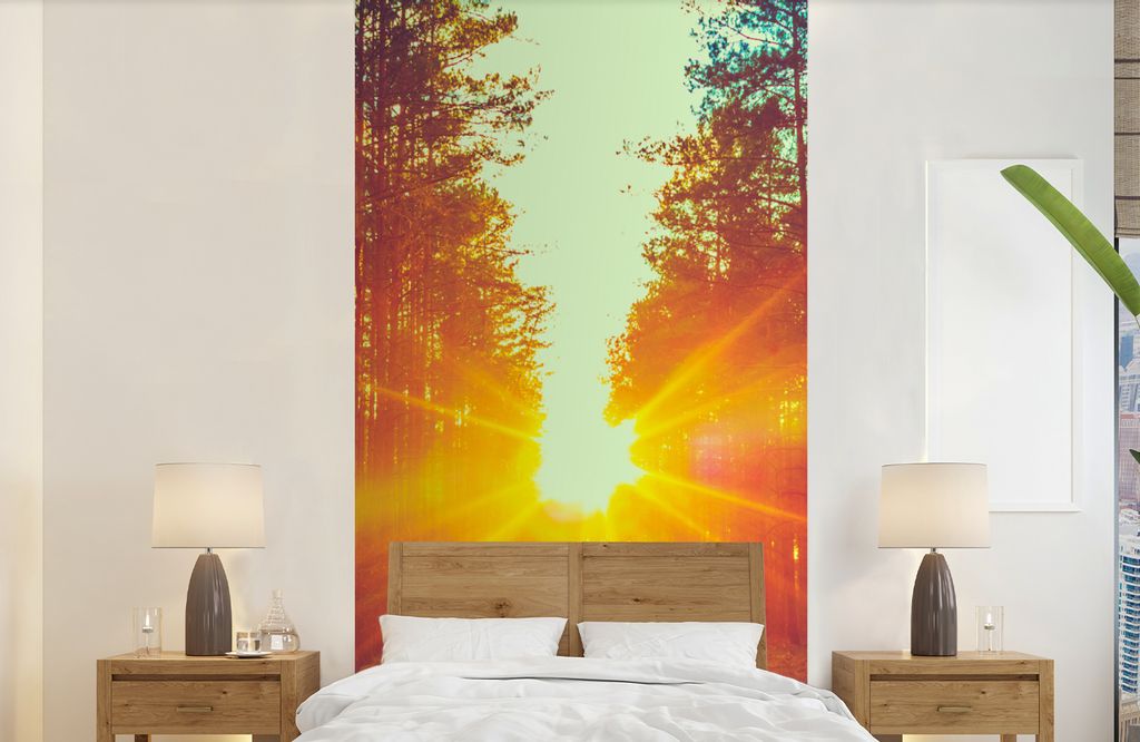 MuchoWow Fototapete für Wohnzimmer oder Schlafzimmer Wandtapete Vinyl Motivtapete Sonnenuntergang - Bäume - Wald - Natur - 120x240 cm - Hinterg...