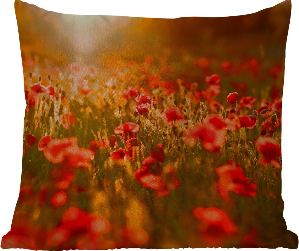 MuchoWow Outdoor Kissen - Orangefarbenes Leuchten über den Mohnblumen auf dem Feld - 45x45 cm - Wetterfest - Lounge Kissen - Fotokissen - Dekora...