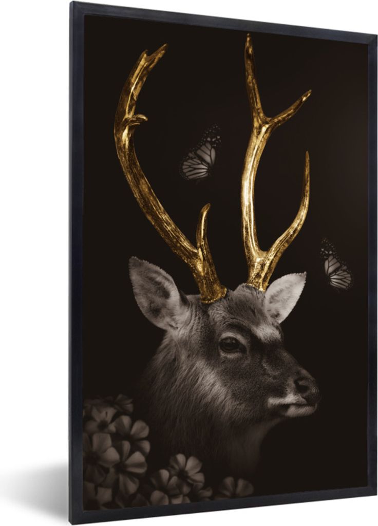 MuchoWow Gerahmtes Poster Hirsch - Schmetterling - Gold - Schwarz 20x30 cm - Poster mit Schwarzem Bilderrahmen Wandposter Rahmen Foto Bilder - Dr...