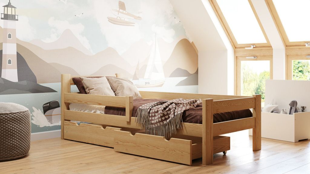 Holz-bett mit Rausfallschutz, Kiefer-Einzelbett Pawełek Max, Meble Wróbel, 80 x 160 cm, Naturbelassen