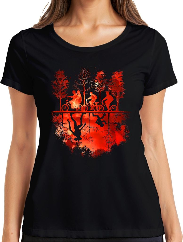 Upside Down Fahrräder Kinder Wald Monster Horror 80er Retro Damen T-Shirt, Schwarz, L