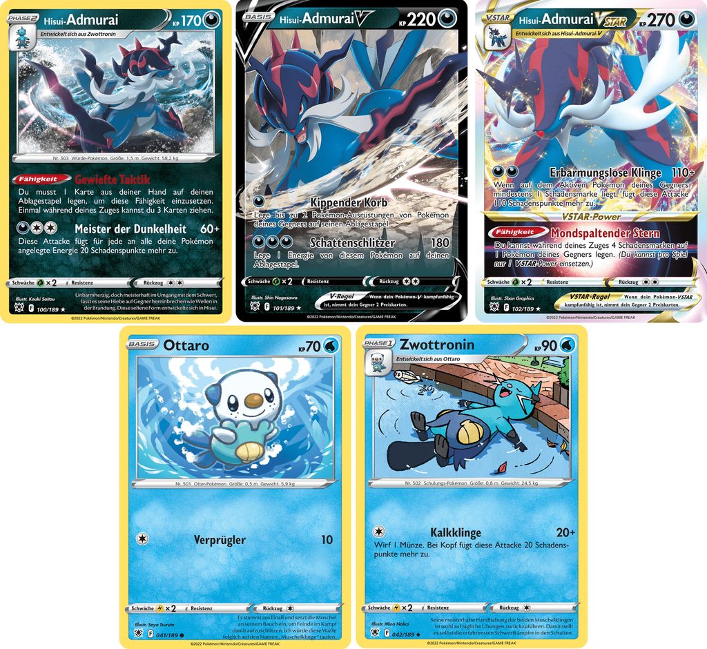 Hisui Admurai VSTAR & V & Rare Holo & Zwottronin & Ottaro SET Schwert & Schild Astralglanz 41-42, 100-102/189 Sammelkarten Pokemon Einzelkarten