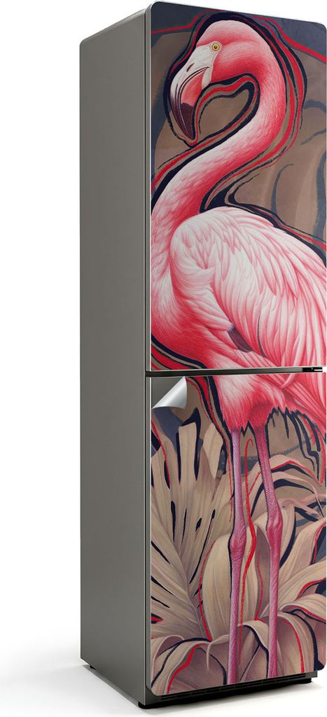 Flamingo im tropischen Stil – Kühlschrank Aufkleber – Klebefolie Kühlschrank – Kühlschrank Nachbildung – Kühlschrankfolie selbstklebend...