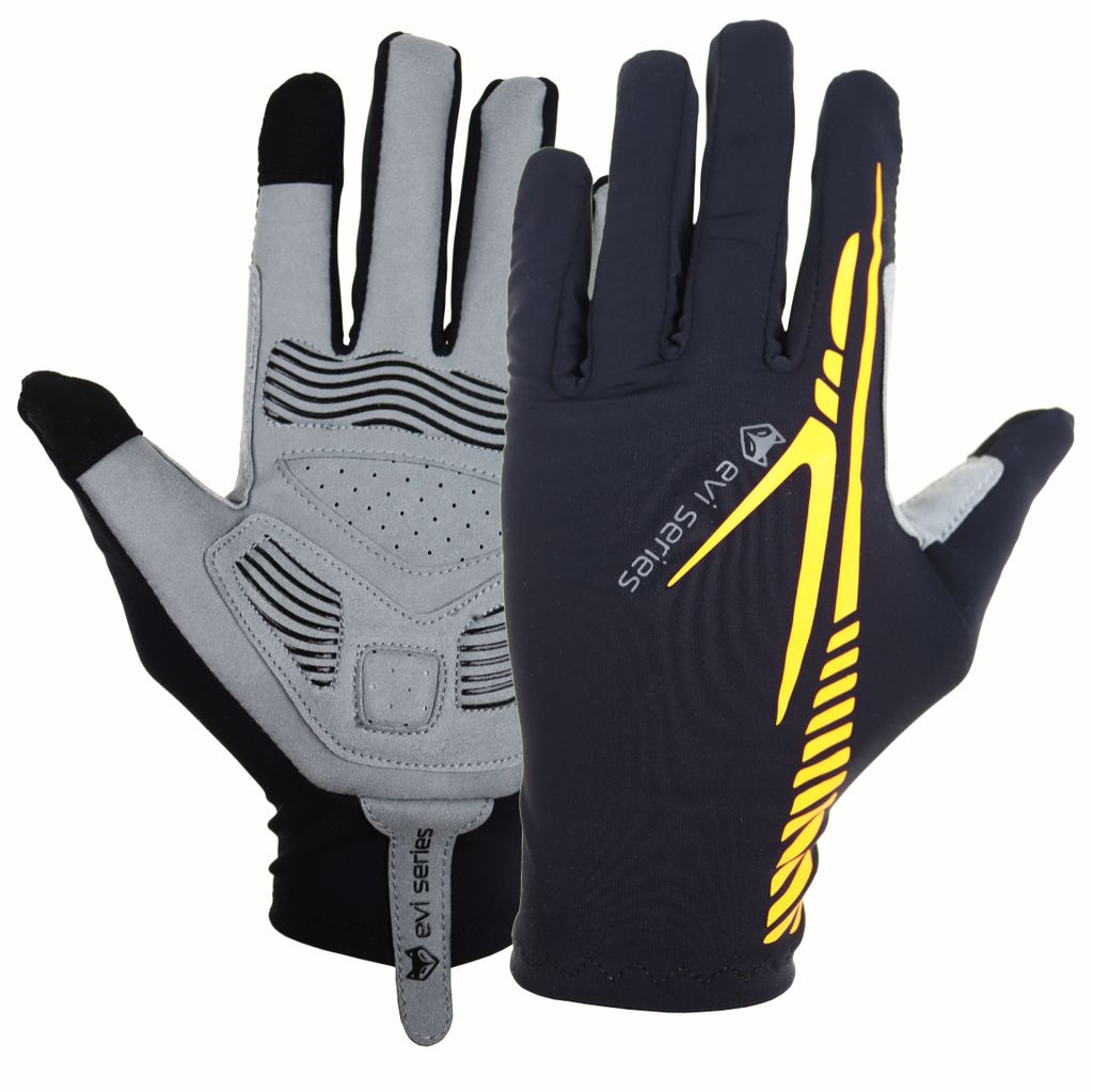 A pair of black and gray sports gloves with yellow accents.