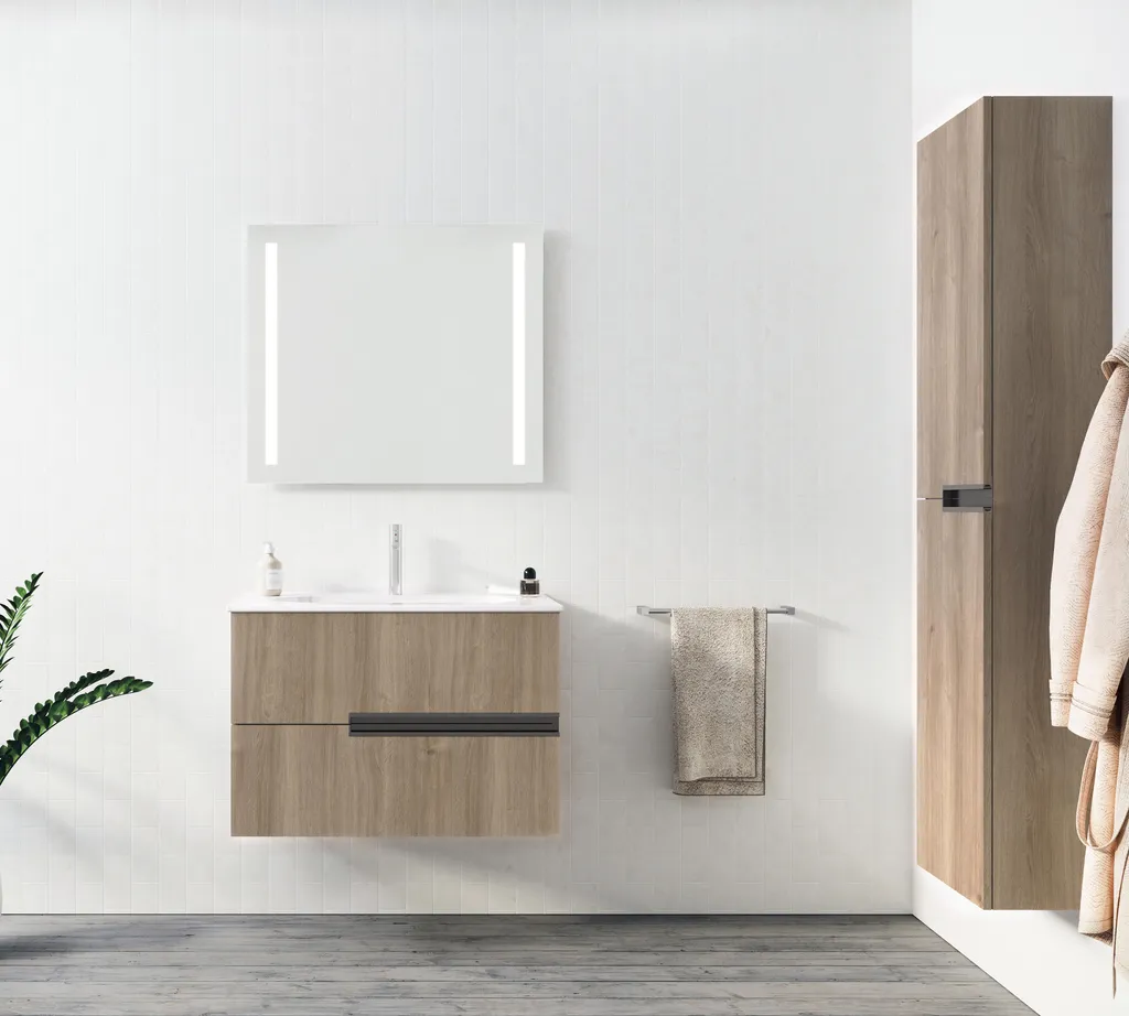 Meuble sous vasque 80cm chêne foncé et vasque céramique blanche - 2