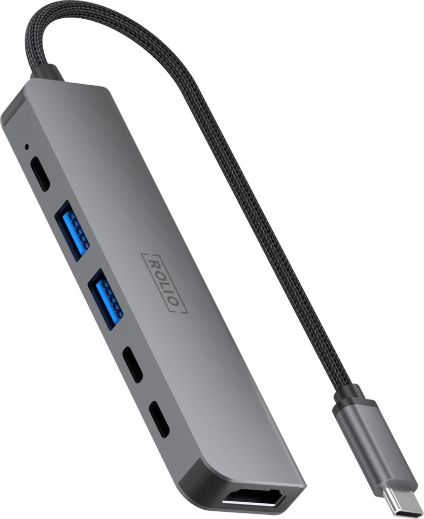 Rolio USB C Hub, 4K HDMI, USB 3.0, 3x USB-C, Universeel, für Macbook Pro / Air / iPad Pro / iPhone / Galaxy / HP / Dell / Lenovo
