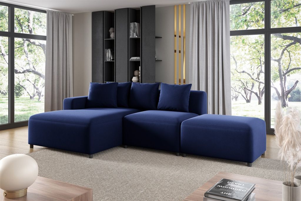 Ecksofa Designersofa MEGAN XS inkl. Hocker Stoff Salvador Dunkelblau Ottomane Links
