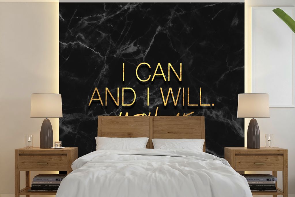 MuchoWow Fototapete für Wohnzimmer oder Schlafzimmer Wandtapete Vinyl Motivtapete Zitate - Selbstvertrauen - Gold - Marmor - 350x350 cm - Schlaf...