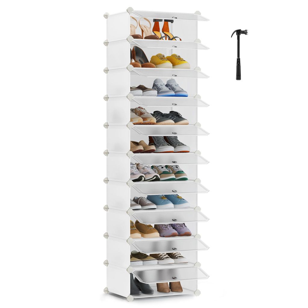 Schuhregal, Regalsystem, Schuh-Organizer, mit Tür, Kunststoff, 10 Ebenen, weiß