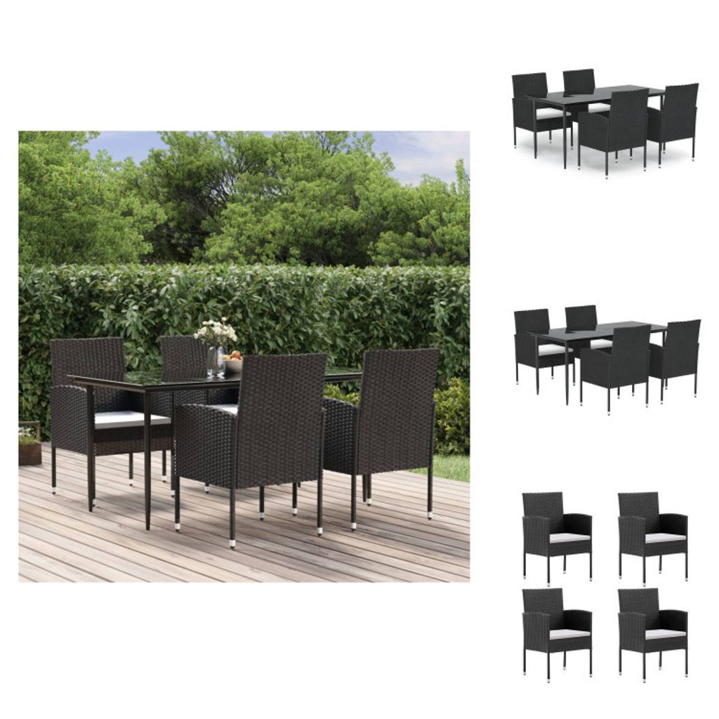 vidaXL 5-tlg. Garten-Essgruppe mit Kissen Schwarz Poly Rattan - Gartenmöbel-Sets